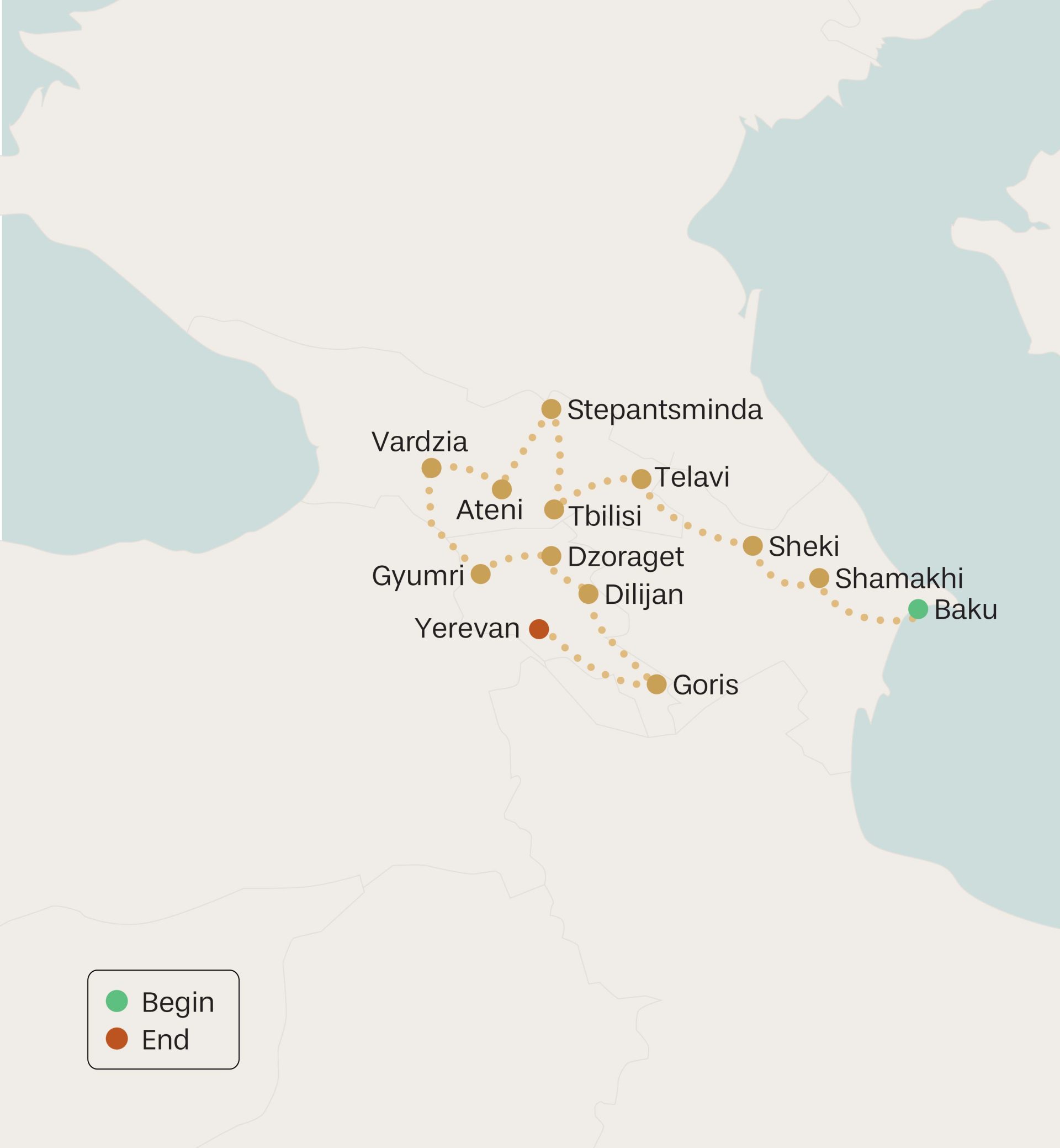 The 2027 Georgia, Armenia & Azerbaijan map of our escorted tour from New Zealand.